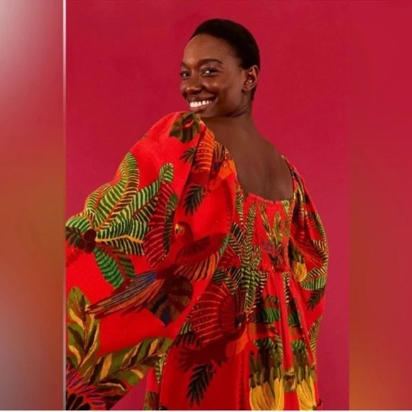 NWT Farm Rio Red Forest Birds Printed Square Long Sleeve Romper Women’s Size XS - Picture 2 of 8